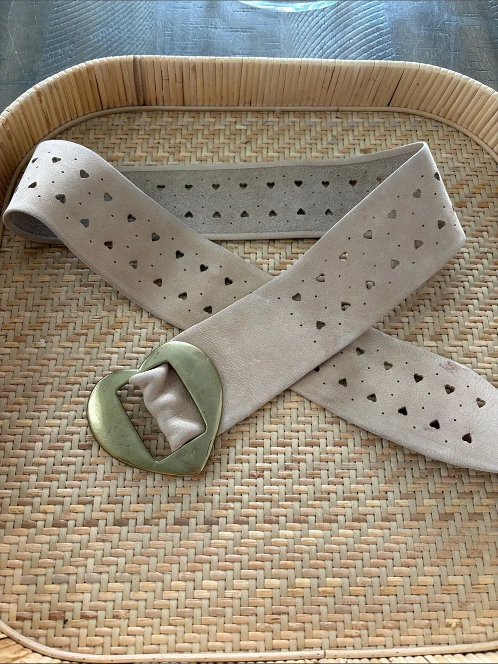 Taupe Heart-Perforated Suede Belt with Brass Buckle